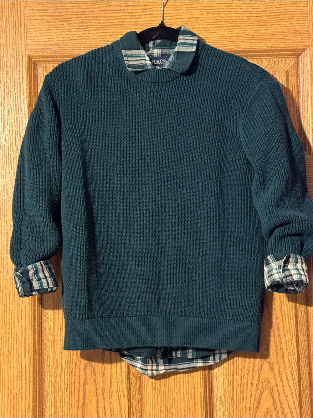 The Children's Place Hunter Green Knit Sweater with Plaid Shirt